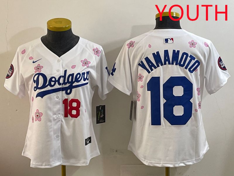 Youth Los Angeles Dodgers 18 Yamamoto White Sakura Edition 2025 Nike MLB Jersey style 6